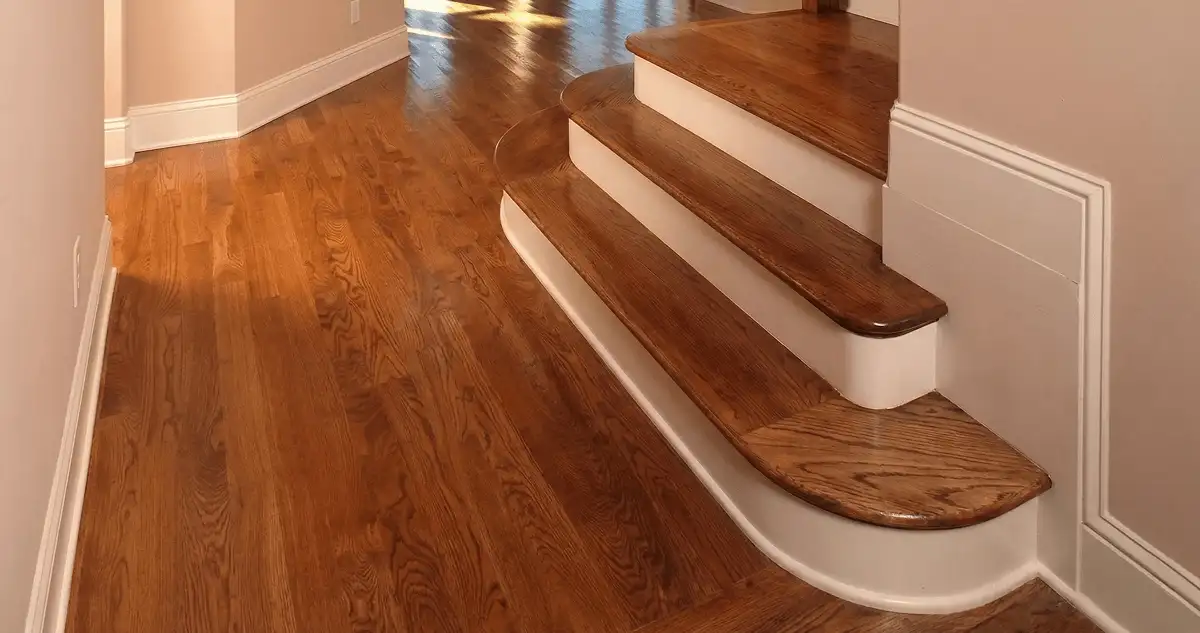 Base floor of a staircase with professionally restored wood flooring in Richmond VA