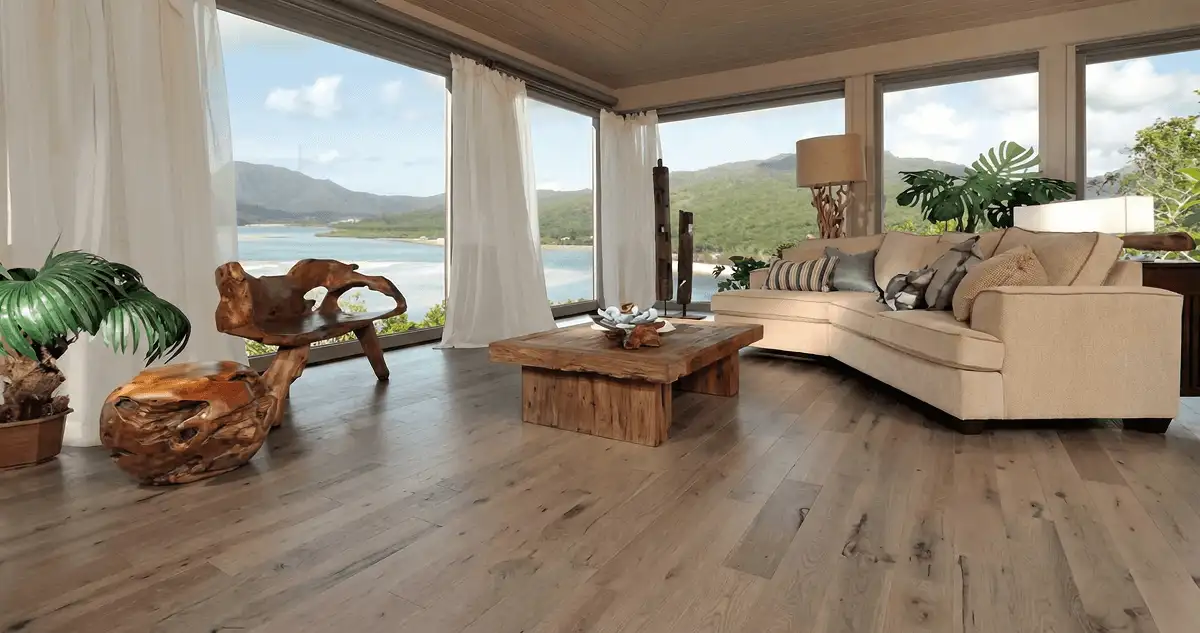 Professionally installed vinyl flooring in a modern living room with large windows in Richmond, VA
